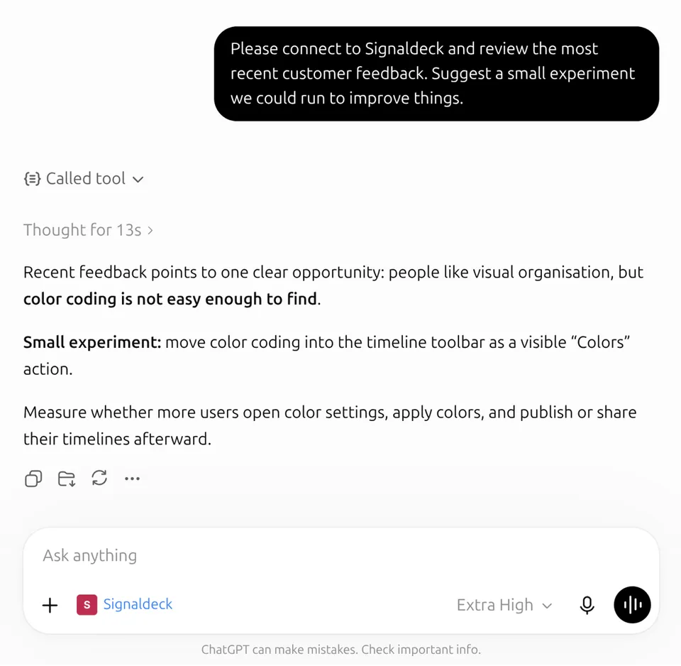ChatGPT using the Signaldeck connection to review customer feedback.