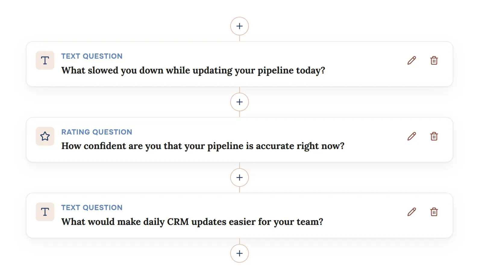 Signaldeck form builder with text and rating questions connected in a vertical flow.